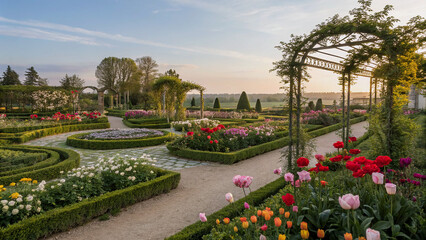 Vibrant Floral Garden Path Under Arched Trellis at Sunrise