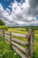 Scenic view with rustic wooden fence in nature
