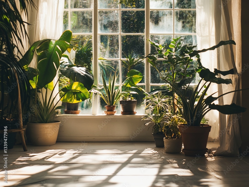 Poster sunlit room with various potted plants by a large window.