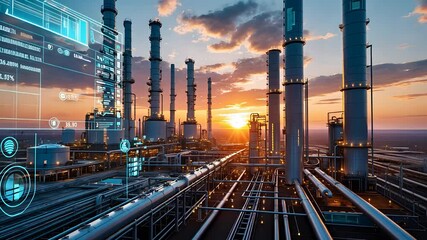 Futuristic Industrial Oil Refinery with Digital Interface and Pipelines at Sunset in a High-Tech Energy Production Facility
- Powered by Adobe