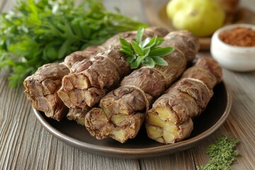 Fototapeta premium Close-up of Rhodiola quadrifida roots arranged on a dark plate, surrounded by fresh herbs and spices