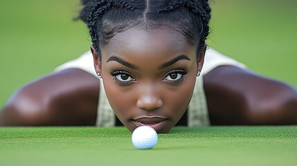 Young woman golfer focusing on golf ball.