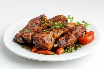 Delicious barbecued ribs on a white plate with herbs and tomatoes