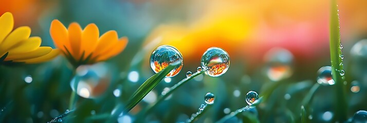 Fototapeta premium Dew Drops on Grass Reflecting Orange Flowers in a Sunny Garden