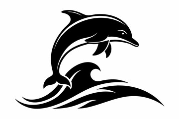 Obraz premium dolphin over a wave engraving line art silhouette vector illustration