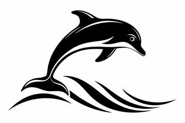 dolphin over a wave engraving line art silhouette vector illustration