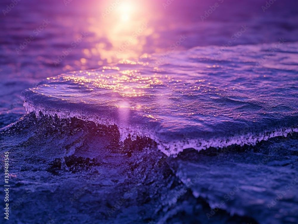Poster close-up of a piece of ice with a sunset in the background.