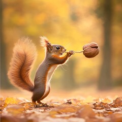 Obraz premium April fool's day prank unveils squirrel's mischief in nature's autumn wonderland