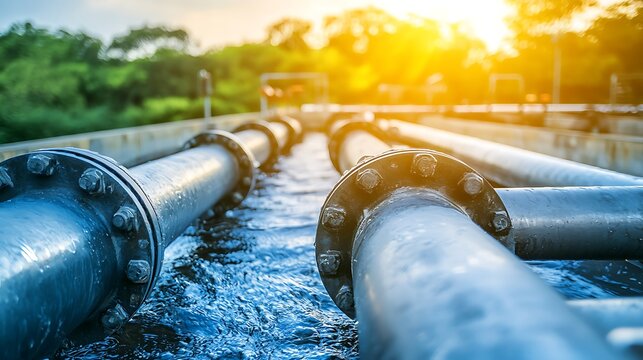 Wastewater treatment plant pipes filtering effluent, sunlit green background, for environmental reports