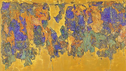 An abstract textured painting with gold blue orange and green colors