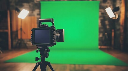 Filming with Digital Camera and Green Screen in Modern Studio Setup