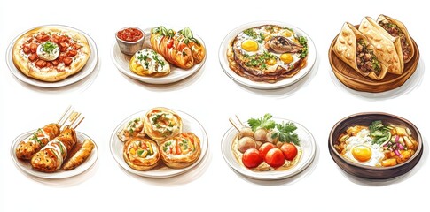 Watercolor illustrations of various delicious dishes and diverse food options