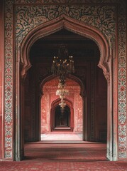 Fototapeta premium Red arched hallway, Islamic architecture, prayer hall, historical interior