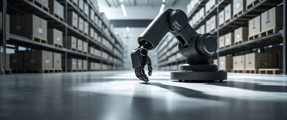 Obraz premium A robotic arm is actively sorting and picking items in a well-organized online shopping warehouse. The environment is bright and clean, showcasing a modern workflow