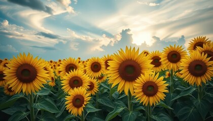 Fototapeta premium Vast sunflower field under a dramatic sky, vibrant yellow blooms, landscape, beautiful