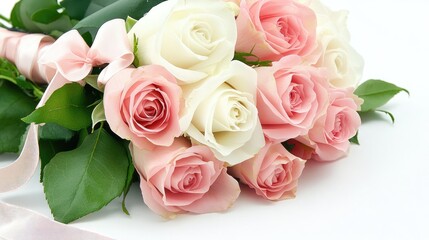 Obraz premium A soft and dreamy floral bouquet with pink and white roses, elegantly arranged with lush green leaves and a ribbon bow.