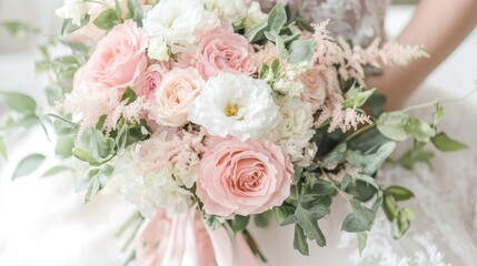 Obraz premium A soft and dreamy floral bouquet with pink and white roses, elegantly arranged with lush green leaves and a ribbon bow.