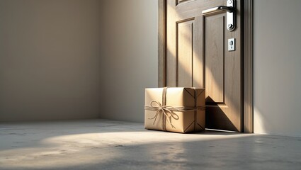 A brown wrapped package tied with string is positioned at the doorstep of a home. Soft afternoon light filters through, creating a welcoming atmosphere