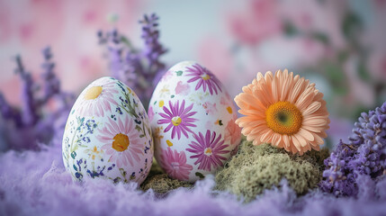 Fototapeta premium Easter Eggs with Floral and Daisy Designs and Orange Flower on Pink Background for Easter Sunday 2025 Card Social Media Advertising Event Festival Holiday Stock Image, 4K Poster Background Download