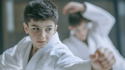 Young Boy Practicing Martial Arts in a Dojo