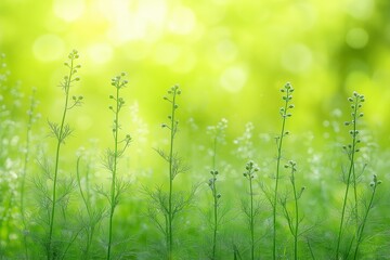 Obraz premium A minimalistic stock photo of blooming fennel plants with seeds against a soft green background