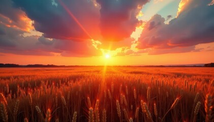 Blazing sunset paints the sky above a vast wheat field , photography, texture, vibrant