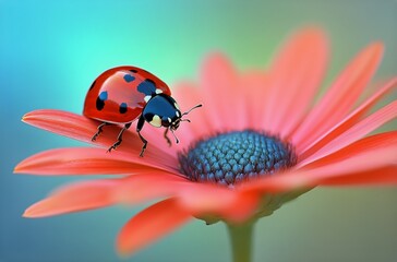 Fototapeta premium Ladybug Resting on a Pink Flower With a Blue Center in Vibrant Outdoor Light