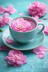 A minimalistic cup of herbal tea with pink flower petals floating on top, surrounded by scattered petals on a turquoise background