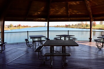 A view from inside the gazebo at the lake.