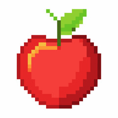 Obraz premium Pixelated Red Apple Illustration with Green Leaf in Retro Style