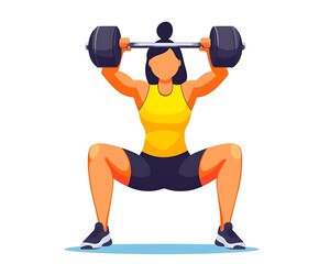 Naklejka premium Woman weightlifting barbell, gym workout, fitness, strength training, illustration