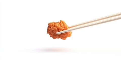 A single piece of fried food held in a pair of chopsticks