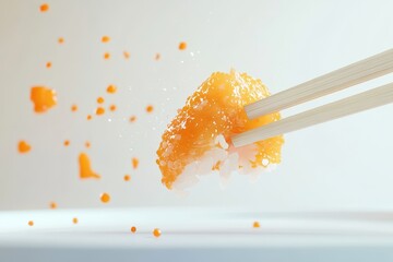 Sushi roll held by wooden chopsticks with scattered orange elements