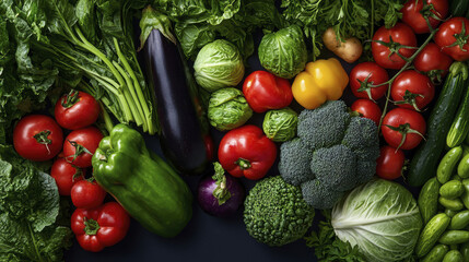 Fresh vegetables including tomatoes, broccoli, and peppers arranged beautifully