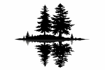 reflection in water pine tree line art silhouette vector illustration