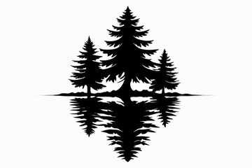 Obraz premium reflection in water pine tree line art silhouette vector illustration