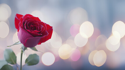 beautiful red rose stands elegantly against soft, blurred background of colorful bokeh lights, evoking sense of romance and tranquility