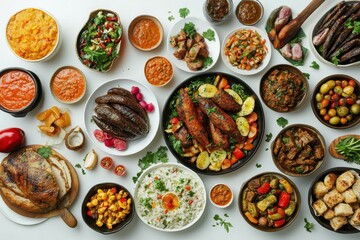 Various plates and bowls are filled with flavorful diverse food items