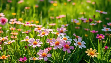 Fototapeta premium Vibrant pastel flowers blooming in a lush green meadow, bathed in sunlight, season, fantasy