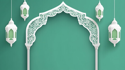 photo with a bright green background that illuminates the elegant white paper arches with delicate Islamic patterns and lanterns hanging above them.