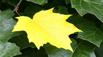 Yellow leaf resting on green plants, outdoors, close-up, autumn. Decorative use