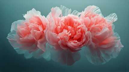 Close-up of Beautiful Pink Peony Flowers With Water Droplets Against Blue Backdrop