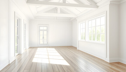 Fototapeta premium Beautiful renovated empty house interior with white walls and wooden floors , with white tonespng