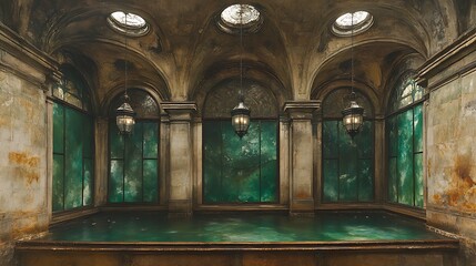 Abandoned indoor pool in a decaying building with arched ceilings and stained glass windows.