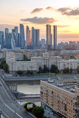 Moscow financial district with towering glass skyscrapers symbolizing corporate success and...