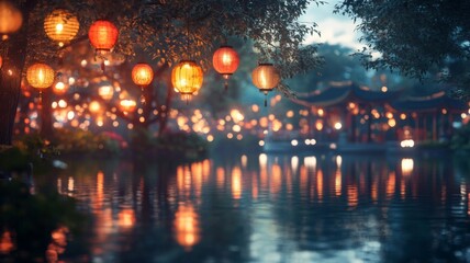 Illuminated Lanterns Hanging From Trees Reflecting In Water