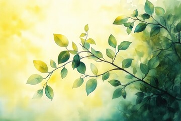 Sun-drenched leaves gracefully reaching toward a golden horizon in a tranquil watercolor masterpiece