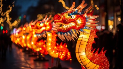 Fototapeta premium Illuminated Dragon Lanterns Line Festive Street