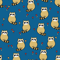 Obraz premium Vector seamless repeating childish pattern with cute raccoon in doodle style. Animals background for invitation, poster, card, flyer, textile, fabric.