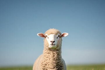 Obraz premium solitary sheep stands on green meadow under clear blue sky gazing at camera with serene curiosity while soft sunlight
